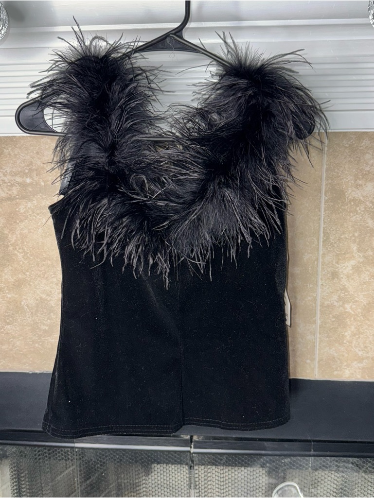 Vintage Jeffrey & Dara Evening Black Feather Shoulder Trim Top Size 6p New Nwt